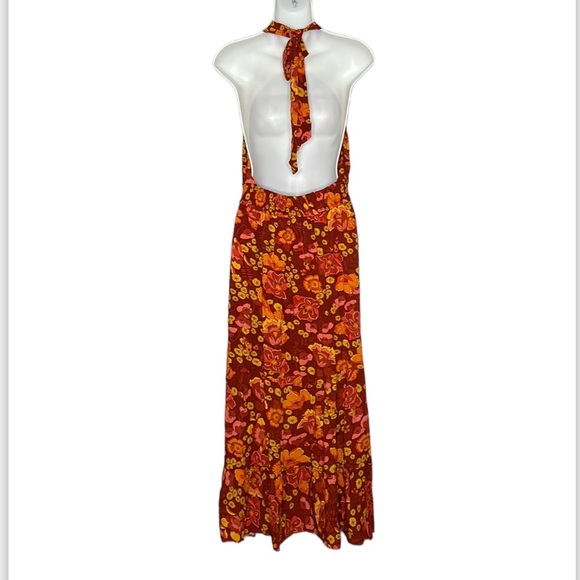 ZESICA Crossover Halter Neck Sleeveless Cut Out Backless Orangerust Floral Maxi - Picture 2 of 9